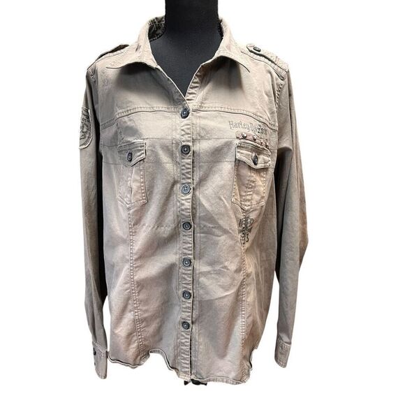 Harley Davidson woman’s 2xl military faded green button up motorcycle shirt - Picture 1 of 7